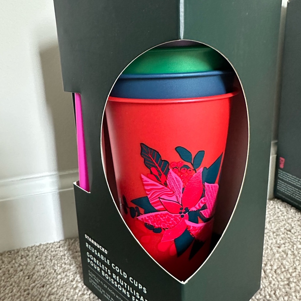 Starbucks Red Floral Reusable Cold Cup with Lids and Straws